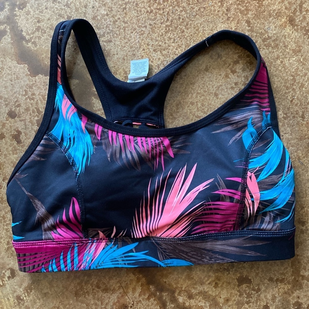 Xersion pink and turquoise tropical lattice back athletic padded sports‎ bra